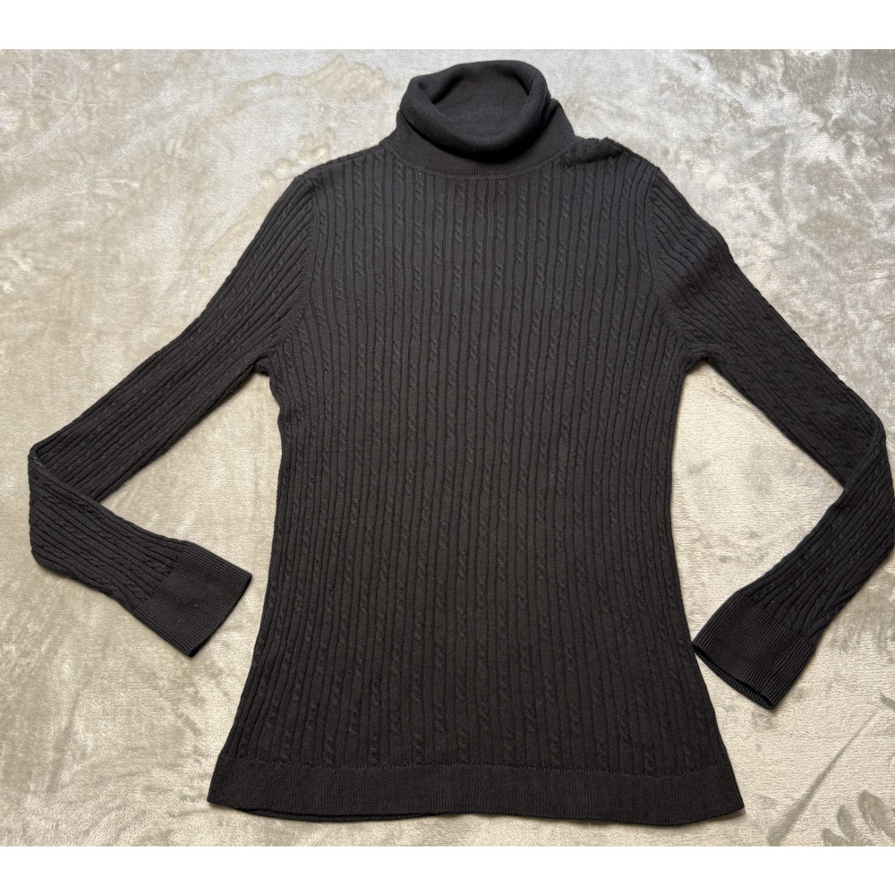 Talbots Sweater Large Black Ribbed Cable Knit Turtleneck Pullover Minimalist